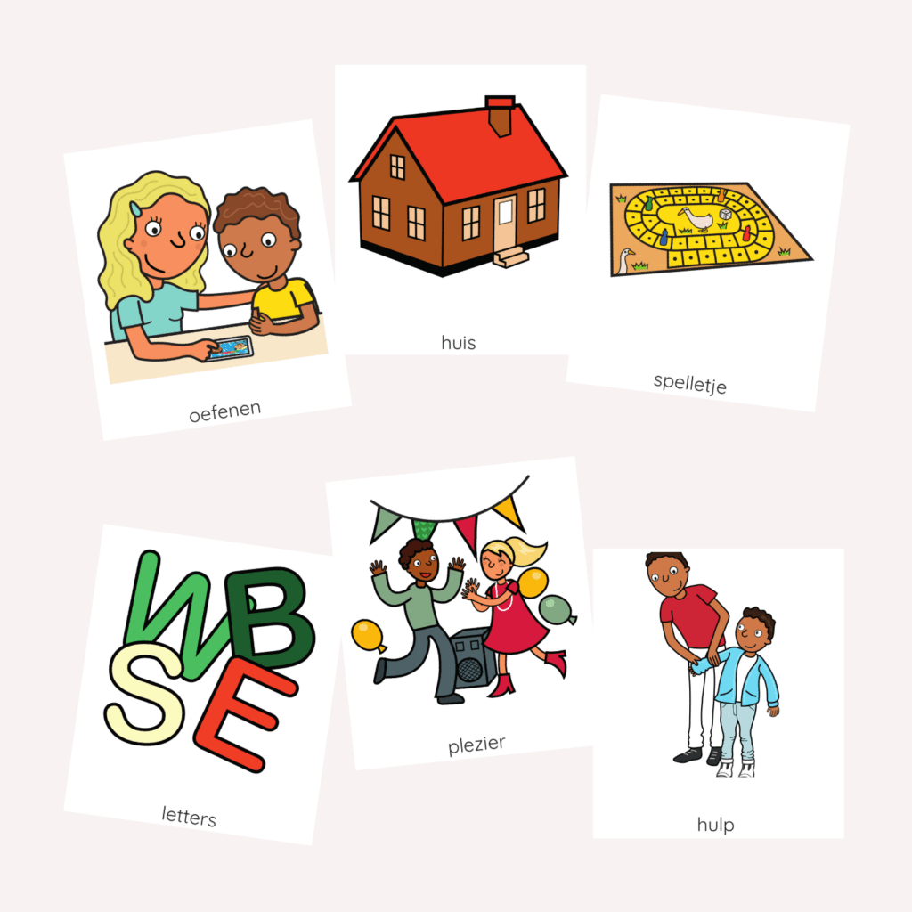 Tekeningen van de woorden: oefenen, huis, spelletje, letters, plezier en hulp
